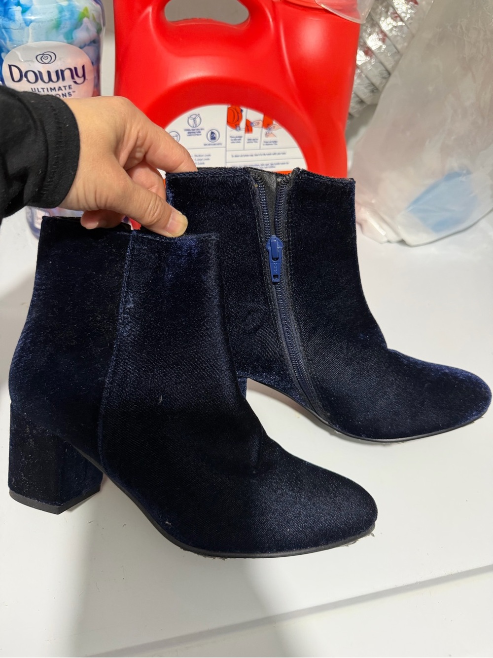 Steve Madden Navy Velvet Block Heel Ankle Boots